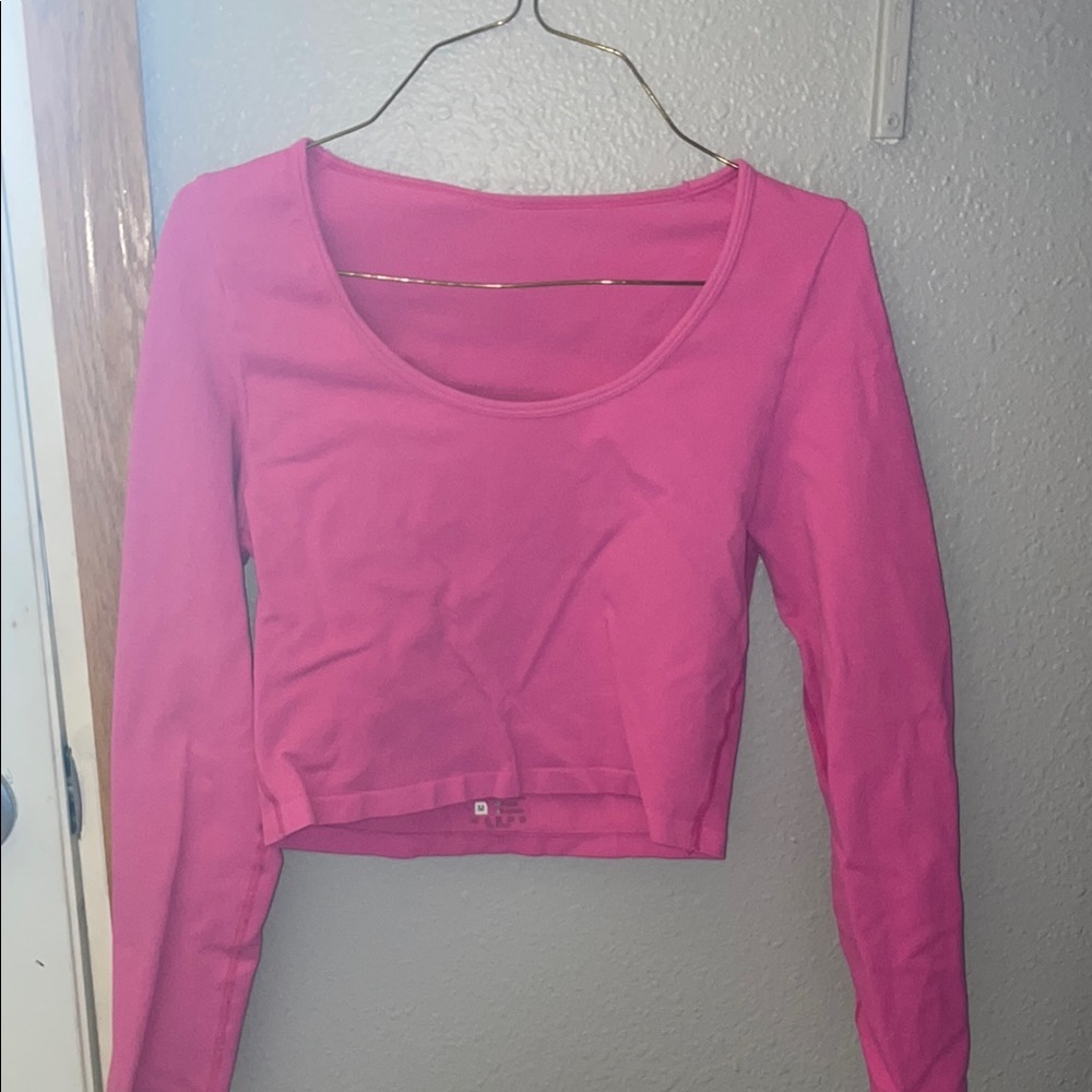 Vibrant Pink Fitted Crop Blouse with Long Sleeves